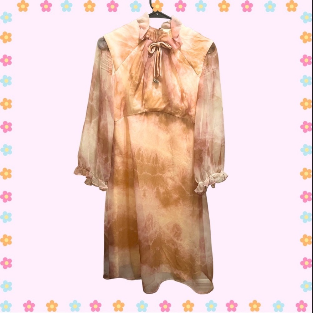 True Vintage 60s 70s Midi Dress Sheer Cream Pink Boho Hippie Cottagecore Twee